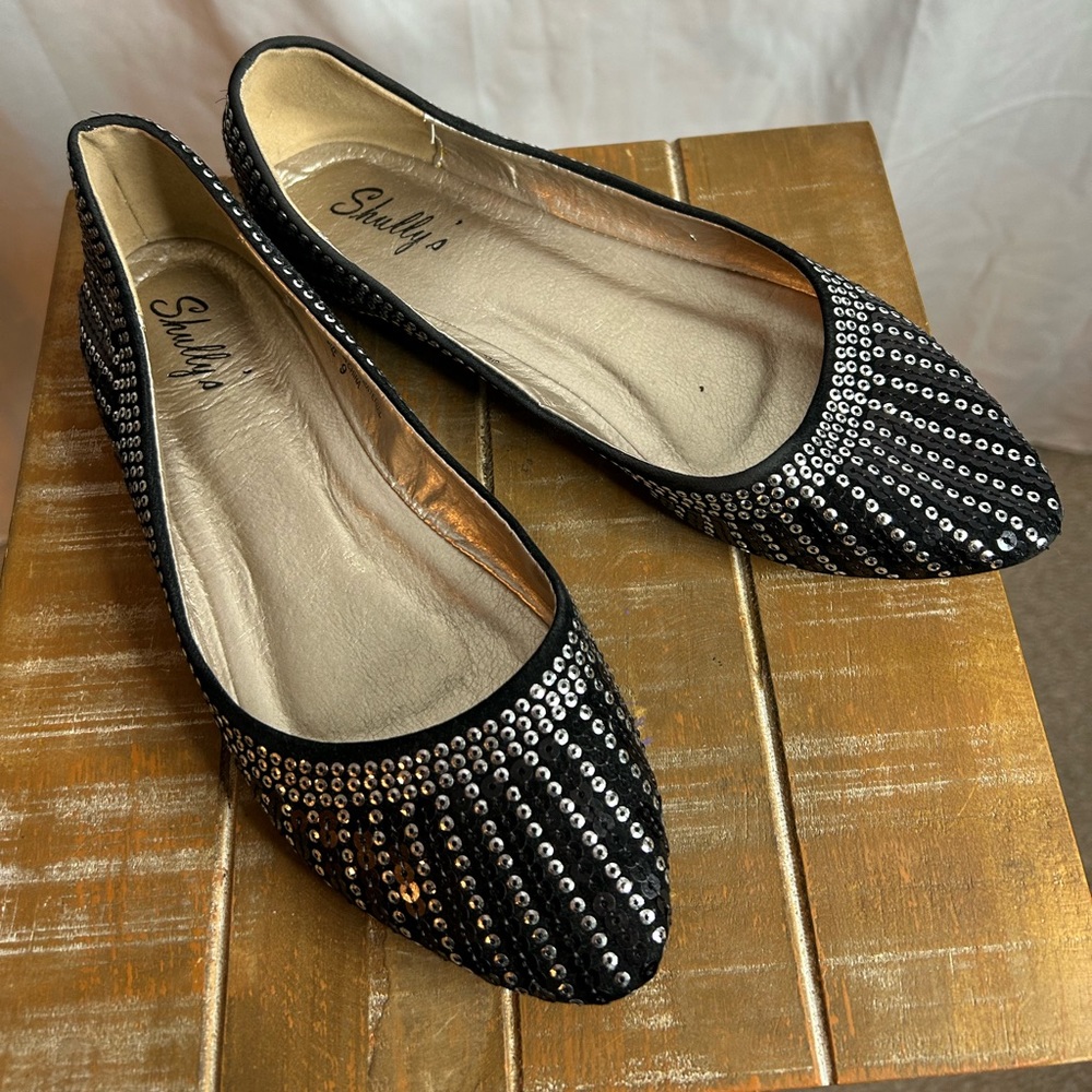 Shully’s Flat Black Shoes with Metallic Silver Sequence